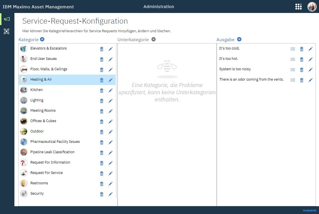 Administration interface with categories, subcategories 