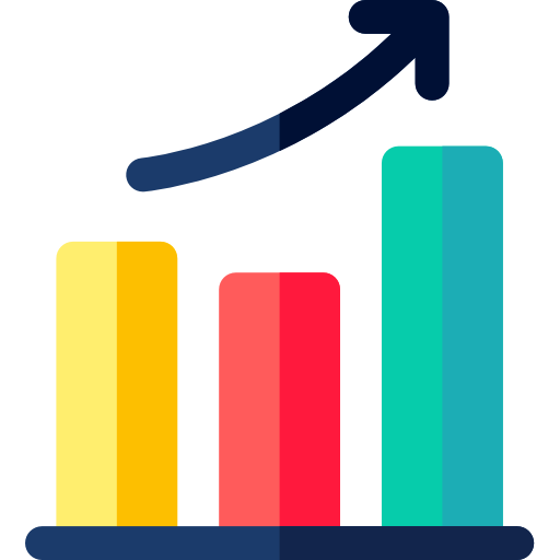 Graphs of different colors with an arrow above it signifying growth