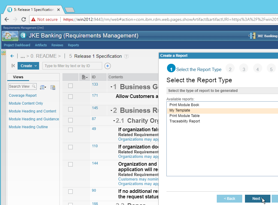 to create a report, select a report type - print module book, my template, print module table, traceability report